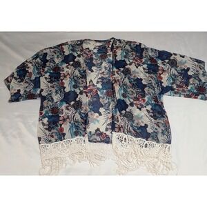 Rachael & Chloe Floral Kimono Women M Blue Excellent Boho Fringe Lace Wrap